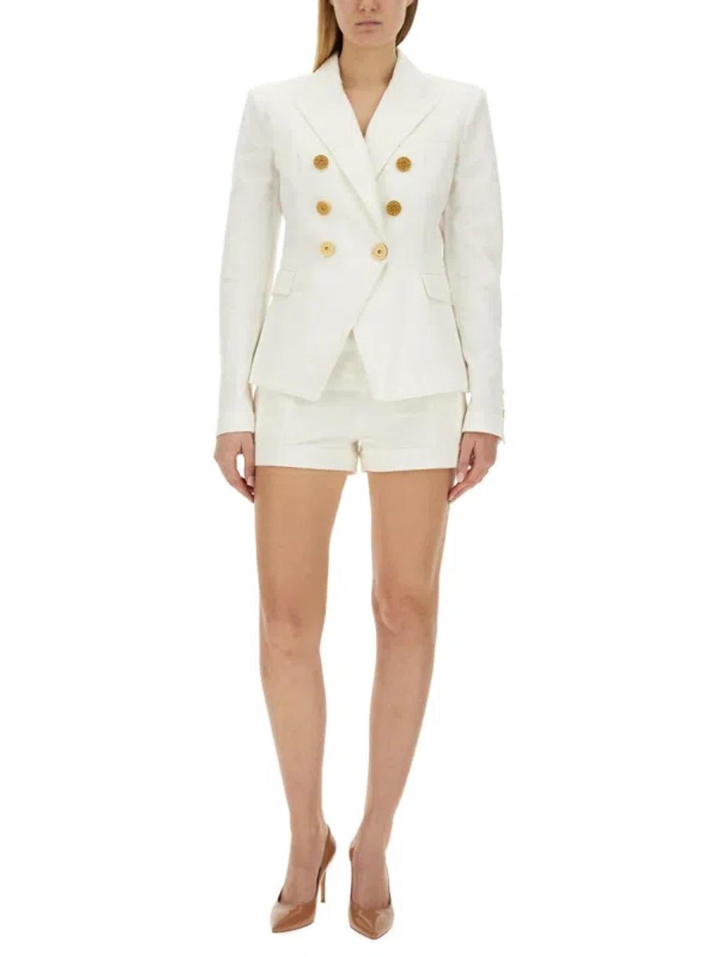 BALMAIN Double-breasted Structured Denim Blazer With Peak Lapel In White Product Image
