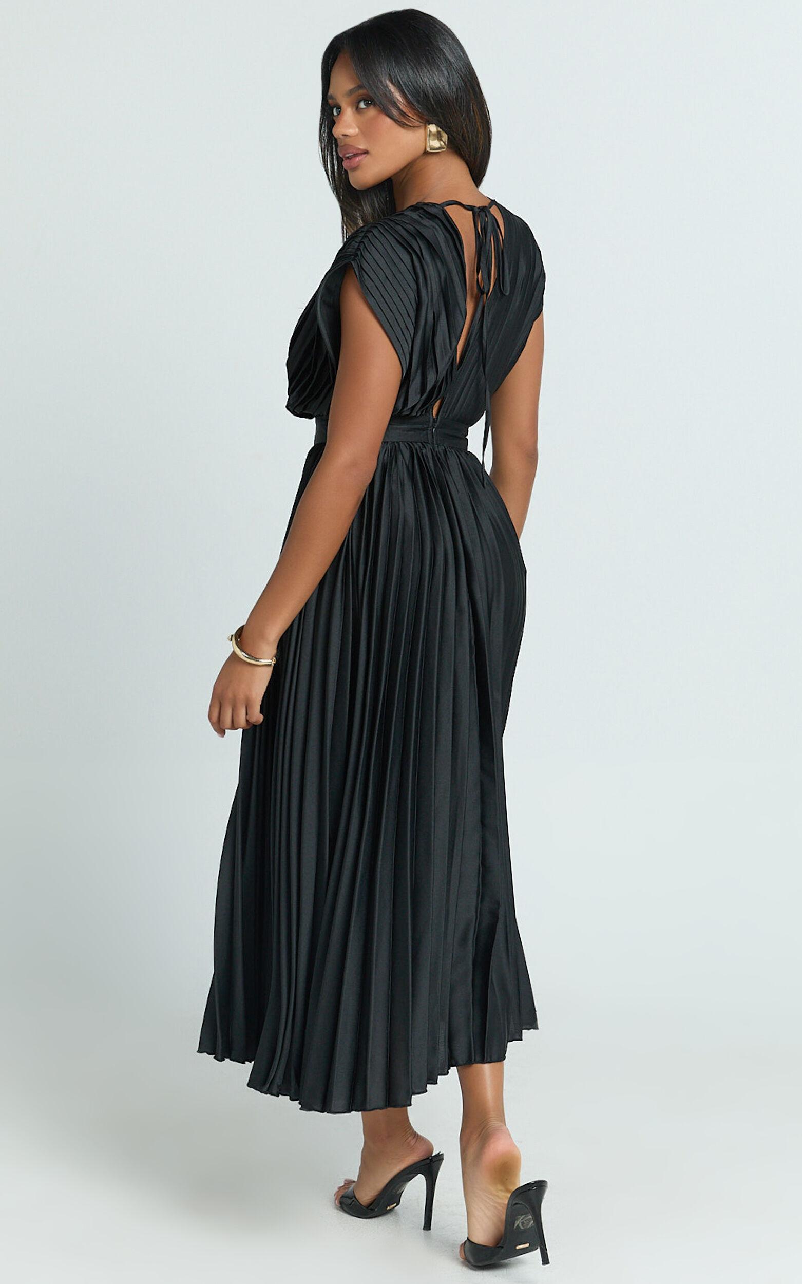 Della Midi Dress - Plunge Neck Short Sleeve Pleated Dress in Black Product Image