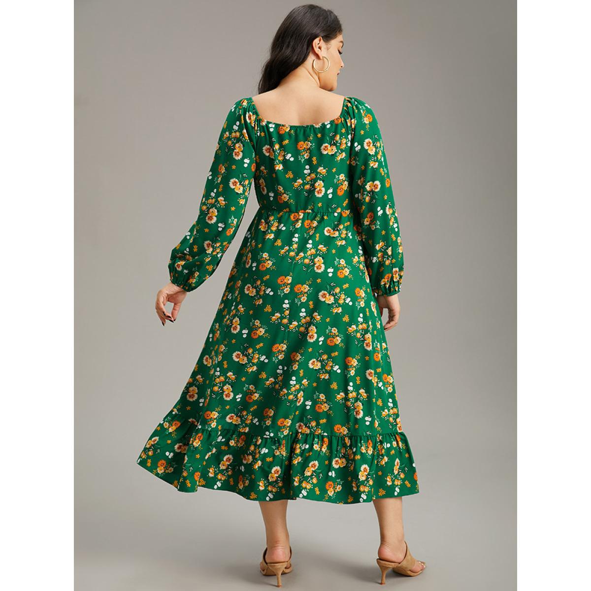 Plus Size Floral Print Shirred Elastic Cuffs Dress DarkGreen Women Elegant Elastic cuffs Square Neck Long Sleeve Curvy Midi Dress BloomChic 10/M Product Image
