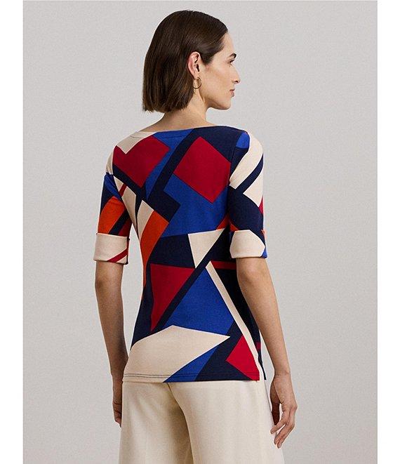 Lauren Ralph Lauren Stretch Cotton Abstract Print Boat Neck Elbow Length Sleeve Tee Top Product Image