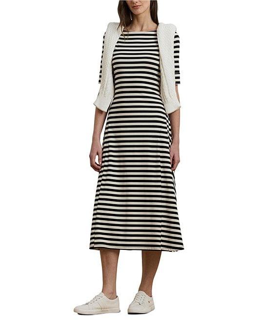 Lauren Ralph Lauren Stretch Cotton Stripe Print Boat Neck Short Sleeve Sheath Midi Dress Product Image
