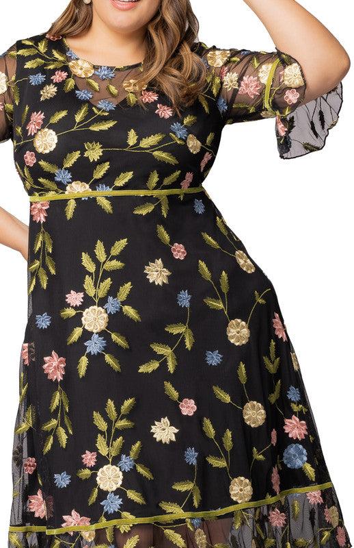 Black Blossom Print Wildflower Embroidered Dress - Plus Product Image