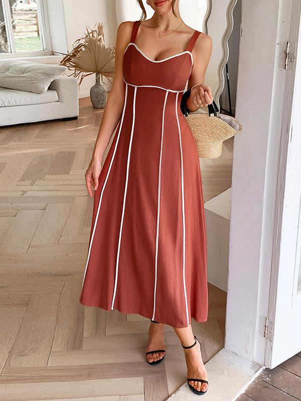 A-Line High Waisted Contrast Color Zipper Spaghetti-Neck Midi Dresses Product Image