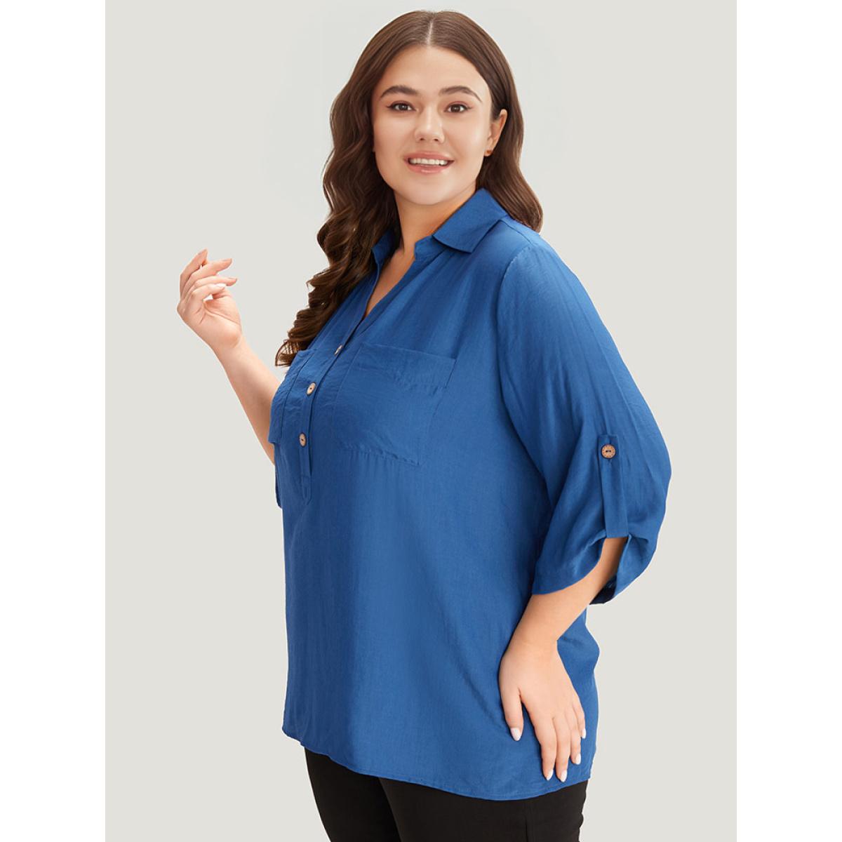 Plus Size Aegean Supersoft Essentials Solid Button Up Pocket Shirt Collar Blouse Women Office Elbow-length sleeve V-neck Dailywear Blouses BloomChic 18-20/2X Product Image