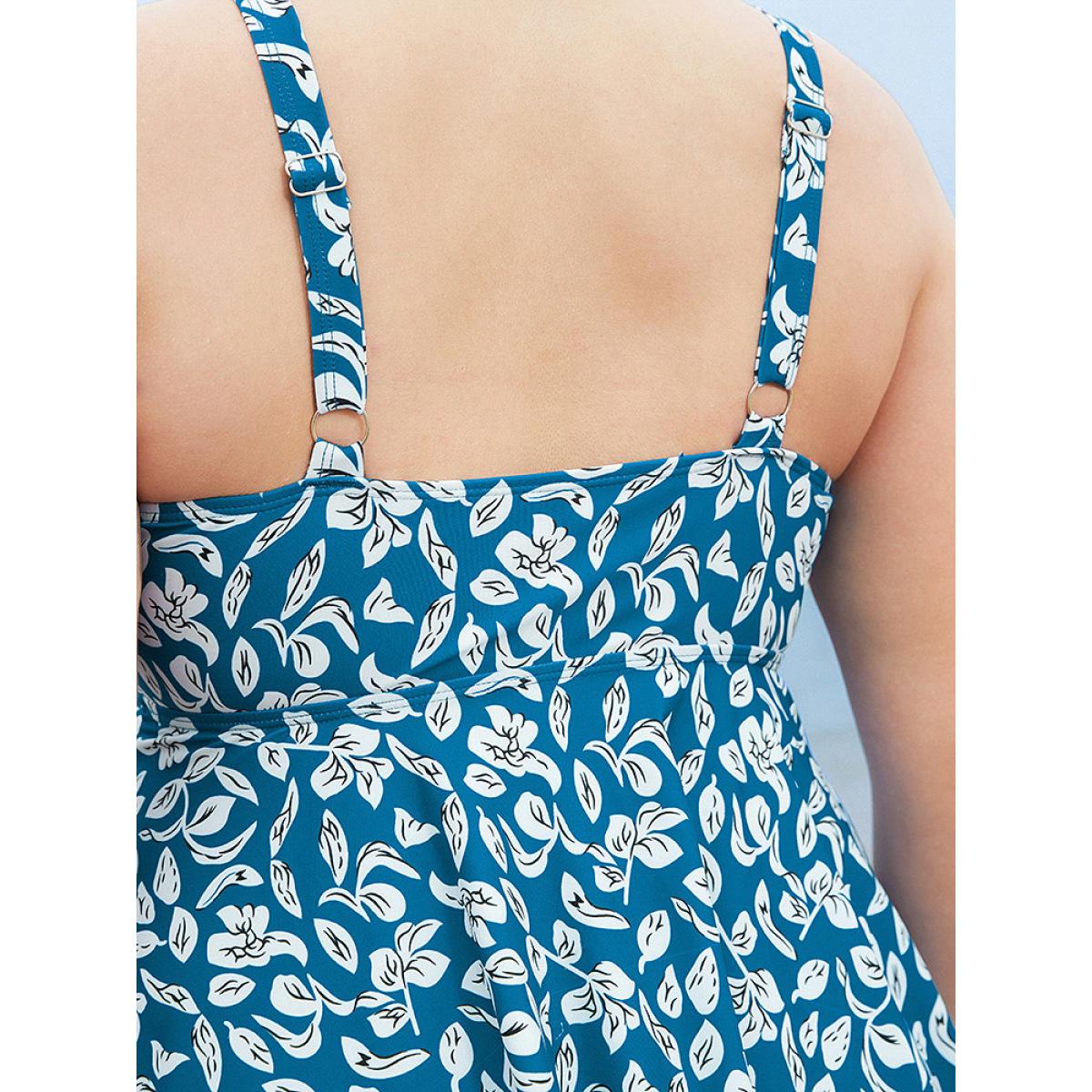 Plus Size Plant Print Asymmetrical Hem Adjustable Straps Tankini Top Women's Swimwear Cerulean Vacation Adjustable Straps High stretch Bodycon V-neck Curve Swim Tops BloomChic 10/M Product Image