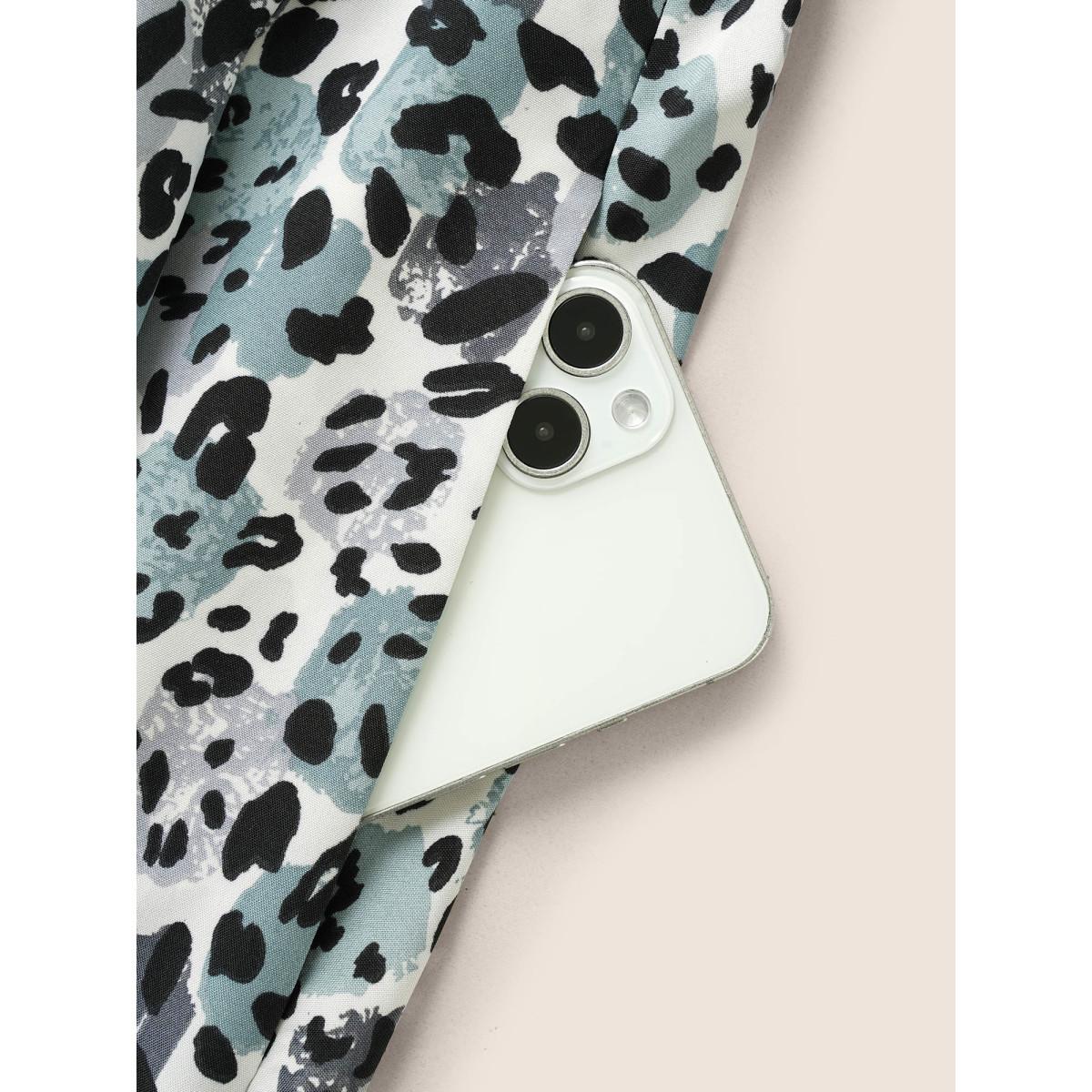 Plus Size Leopard Print Petal Sleeve Belted Dress Teal Women At the Office Belted Round Neck Short sleeve Curvy BloomChic 18-20/2X Product Image