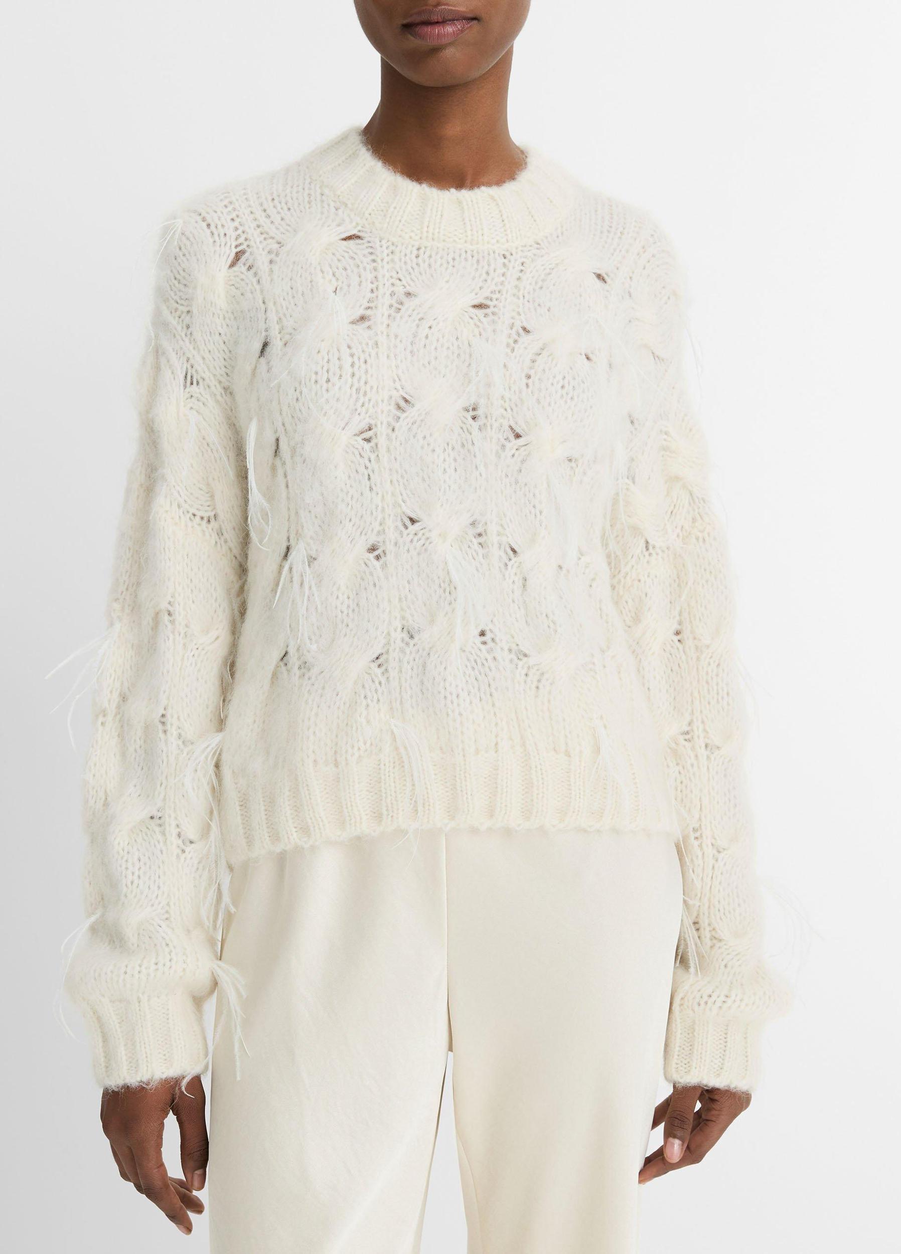 Feather-Appliquéd Italian Cable-Knit Sweater Product Image