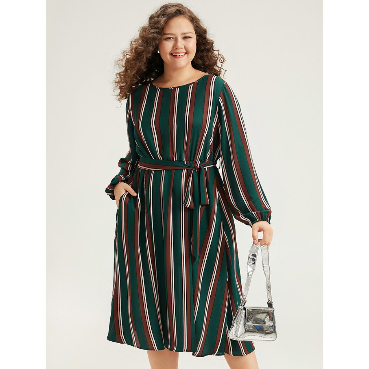 Plus Size Striped Contrast Crew Neck Belted Dress Multicolor Women Office Elastic cuffs Round Neck Long Sleeve Curvy Midi Dress BloomChic 22-24/3X Product Image