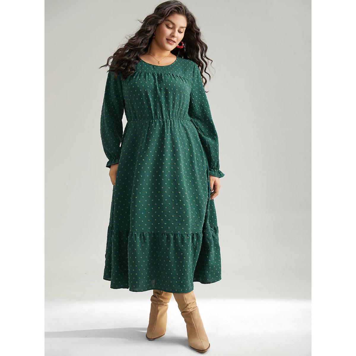 Plus Size Plisse Polka Dot Pocket Layered Hem Dress DarkGreen Women Elegant Texture Round Neck Long Sleeve Curvy Midi Dress BloomChic 12/L Product Image