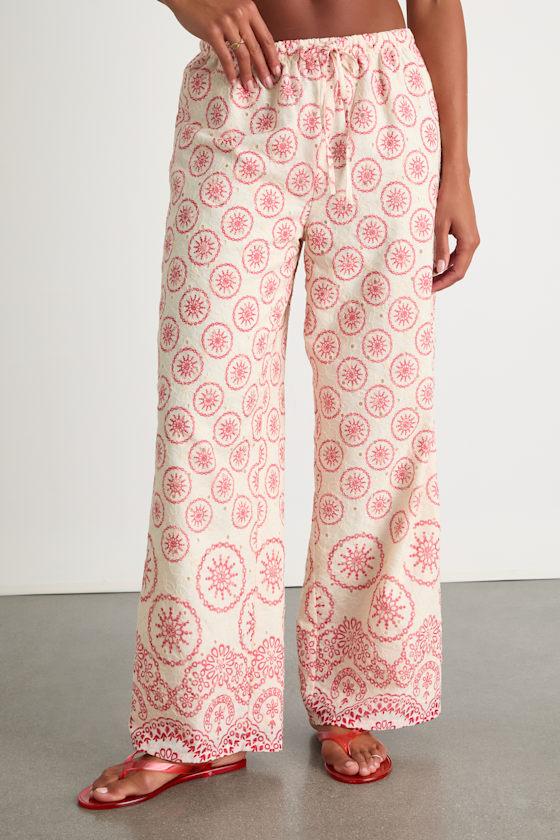 Brielle Ivory Boho Print Eyelet Embroidered Drawstring Pants Product Image
