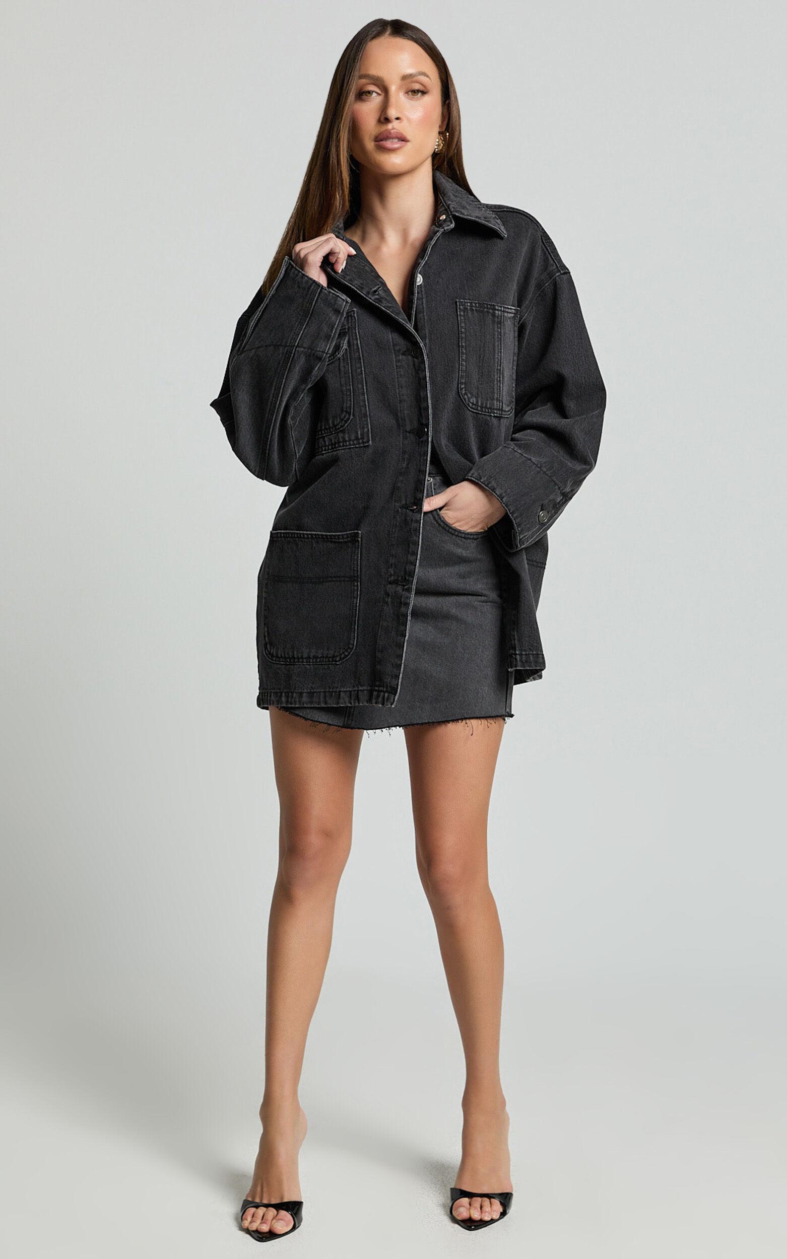 Harlow Jacket - Oversized Long Sleeve Denim Jacket in Black Wash Product Image
