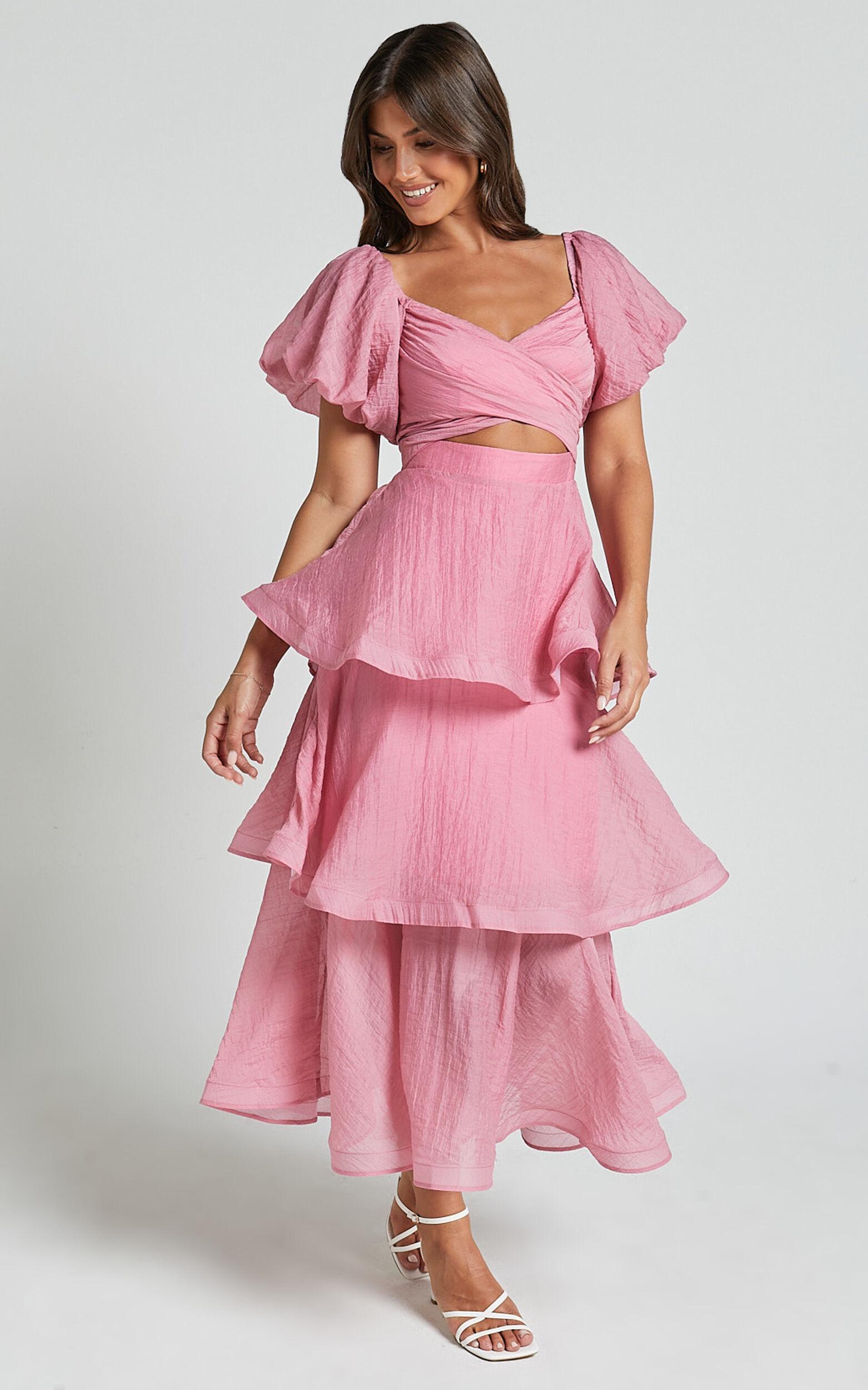 Giselle Midi Dress - Short Puff Sleeve Front Cut Out Layered Dress in Pink Product Image