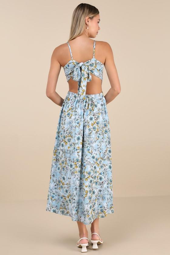 Tie With You Light Blue Floral Print Tie-Back Midi Dress Product Image