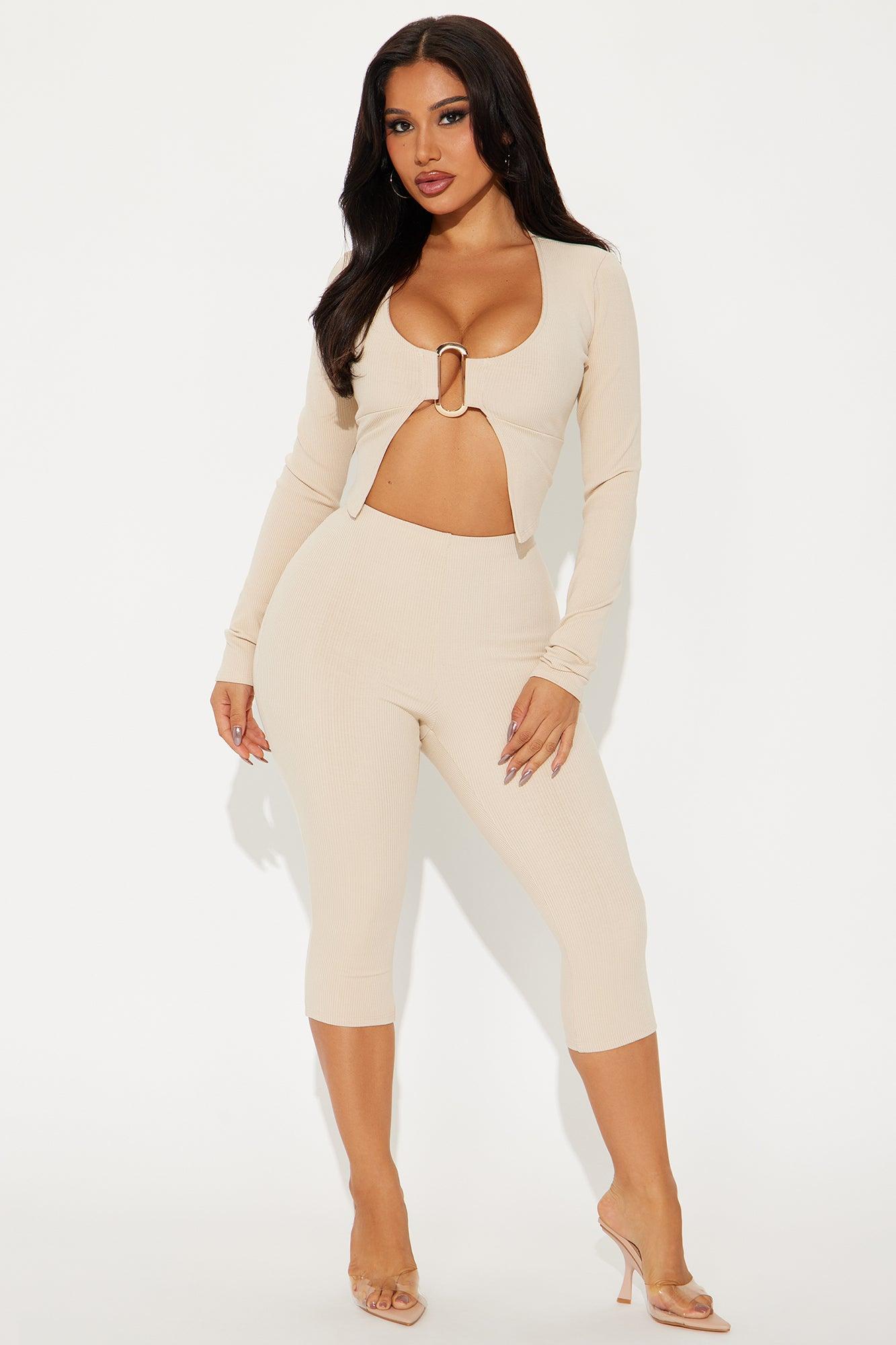 Jazmine Long Sleeve Snatched Capri Pant Set - Cream Product Image