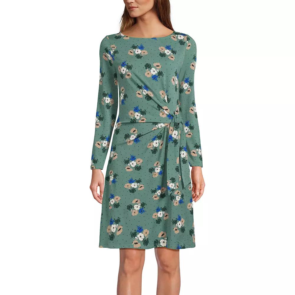 Women's Lands' End Long Sleeve Boatneck Tie-Waist Mini Dress, Size: Medium, Green Dot Floral Product Image
