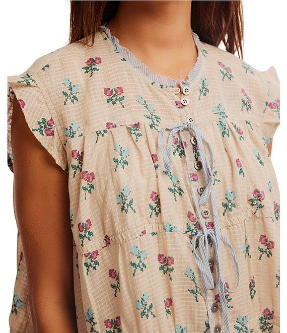 Free People Sundown Floral Print Split Neck Cap Sleeve Mini Babydoll Dress Product Image