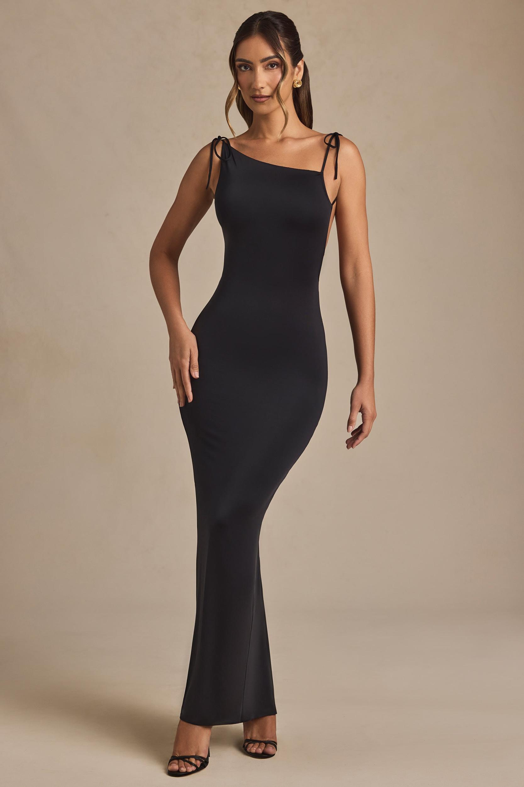 Ruched Backless Maxi Dress in Black Product Image