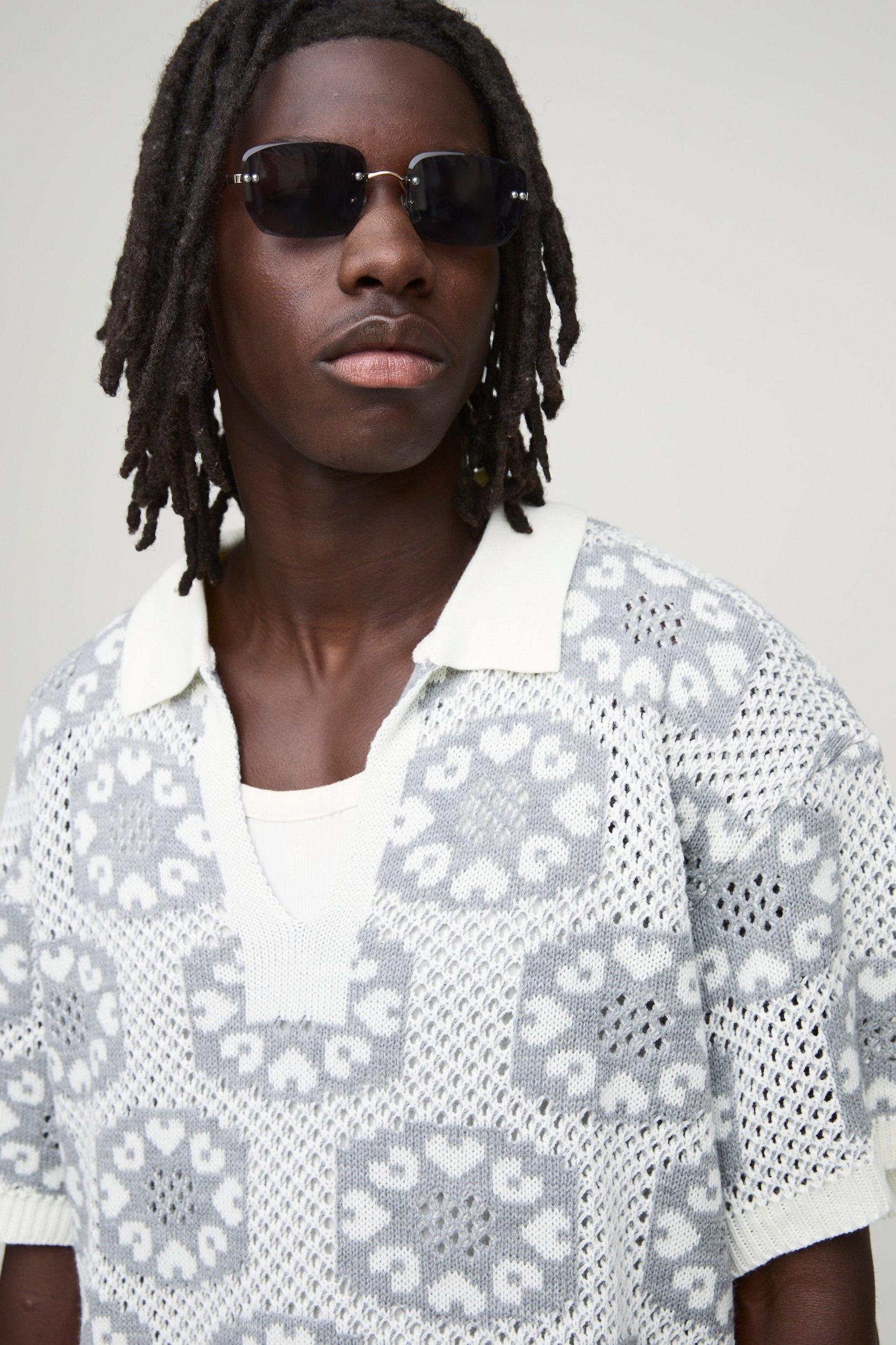 Oversized Boxy Crochet Knitted Polo | boohooMAN USA Product Image