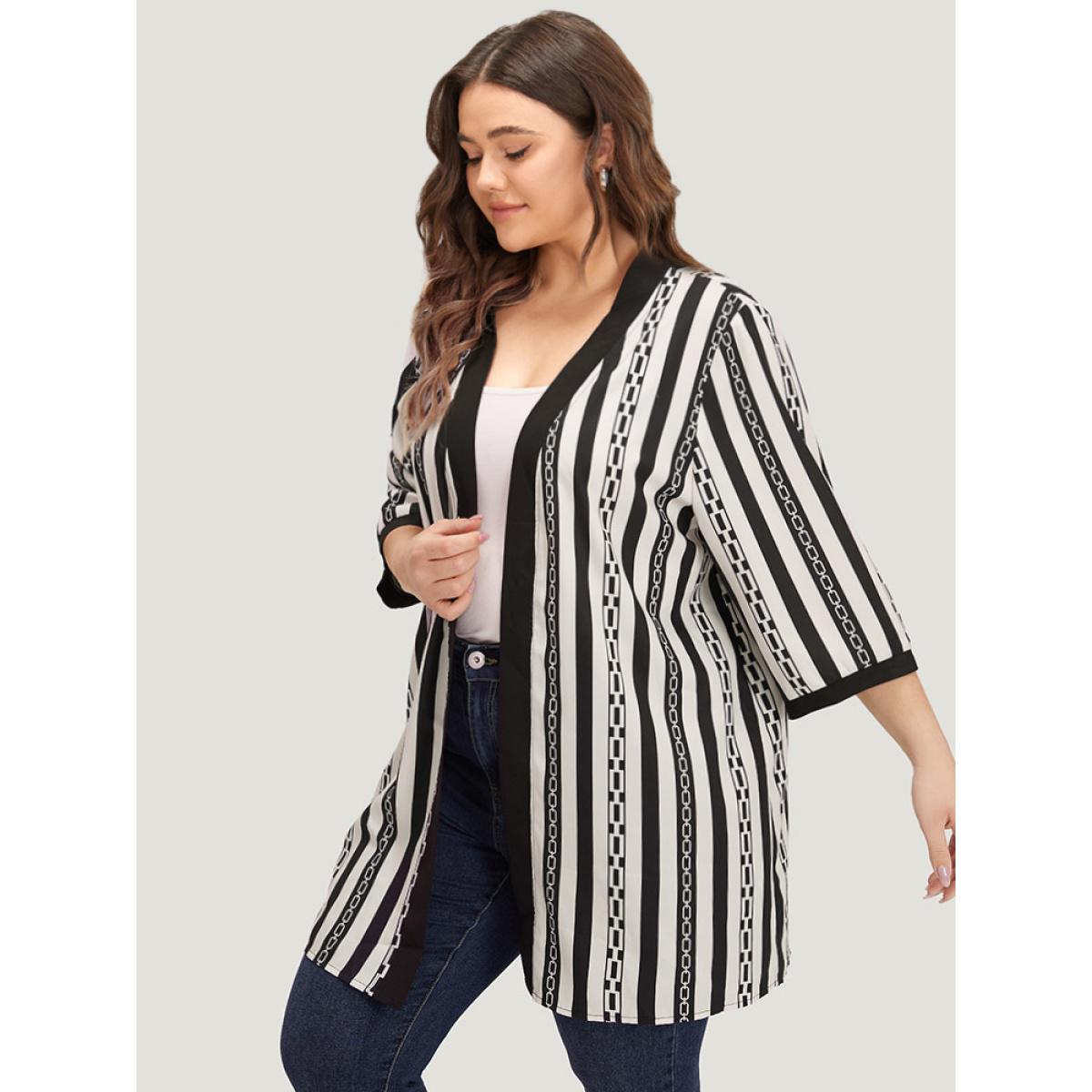 Plus Size Striped Patchwork Contrast Open Front Kimono Women Black Casual Contrast Loose Dailywear Kimonos BloomChic 26/4X Product Image