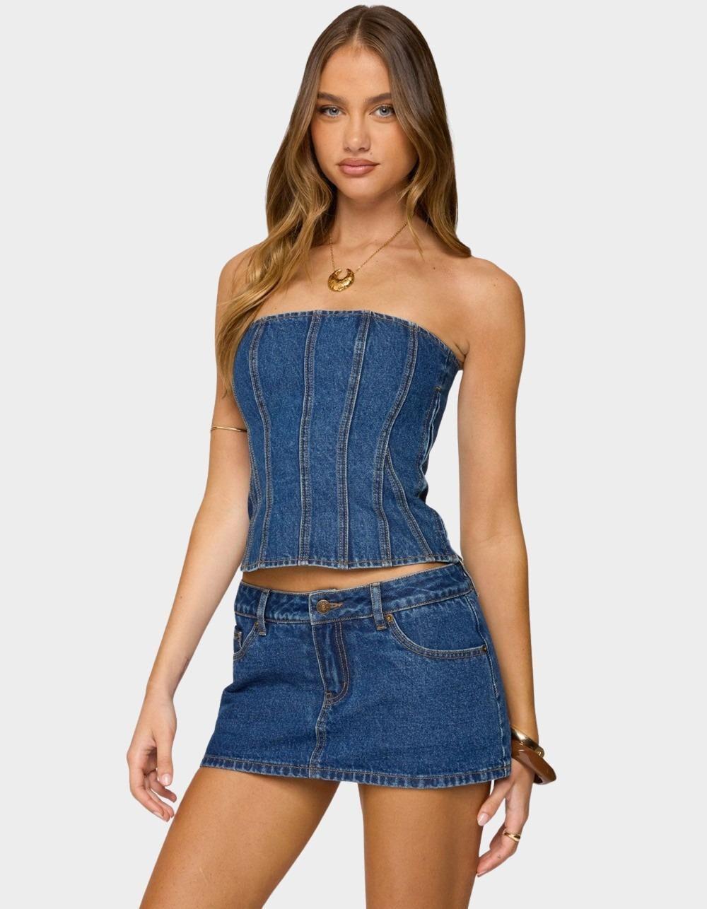 EDIKTED Camelia Strapless Denim Corset - LIGHT BLUE Product Image