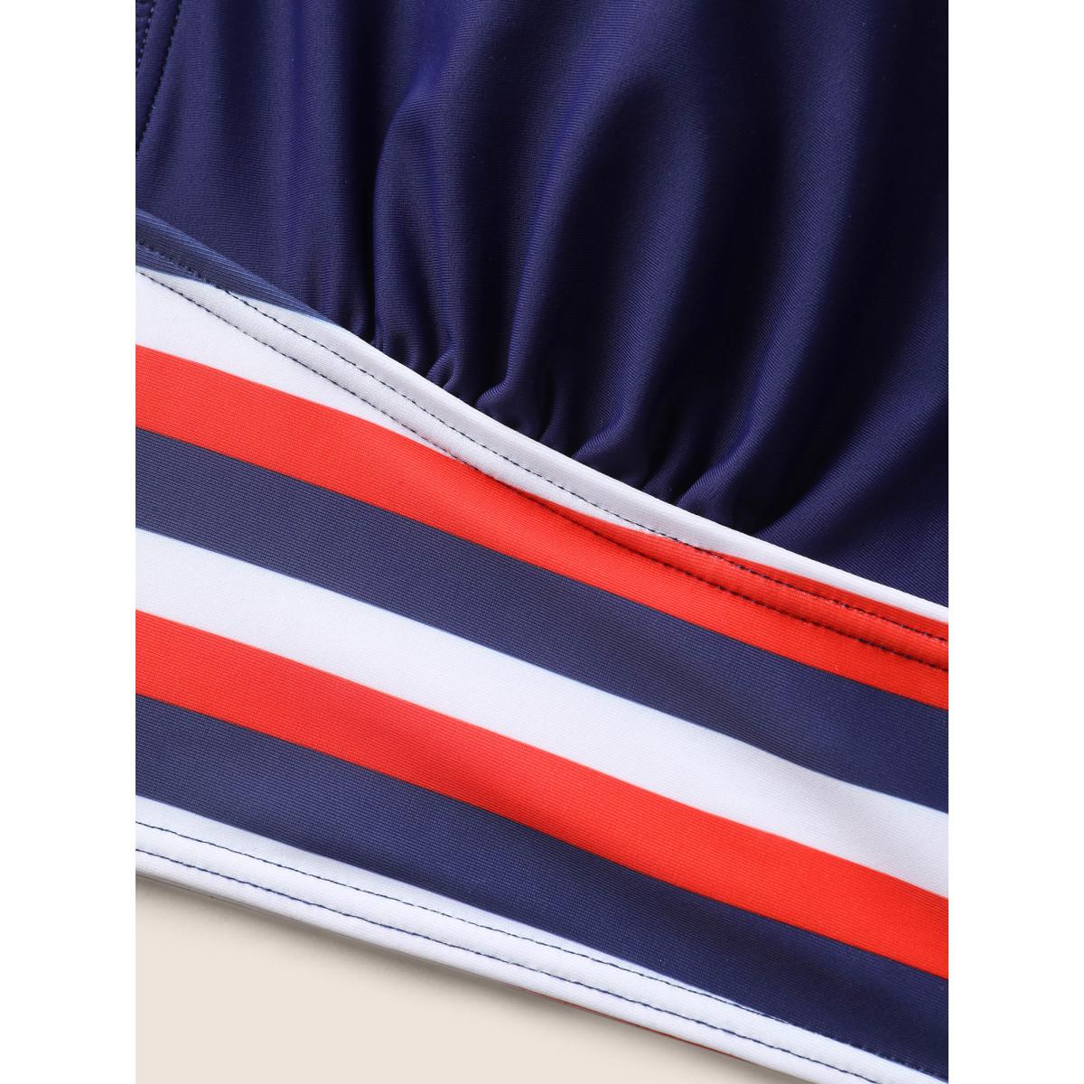 Plus Size Contrast Striped V Neck Gathered Swim Top Women's Swimwear Indigo Beach Gathered High stretch Skinny V-neck Curve Swim Tops BloomChic 26/4X Product Image