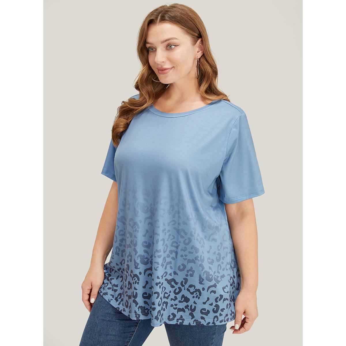 Plus Size Leopard Print Round Neck T-shirt Stone Women Casual Leopard Round Neck Dailywear T-shirts BloomChic 12/L Product Image