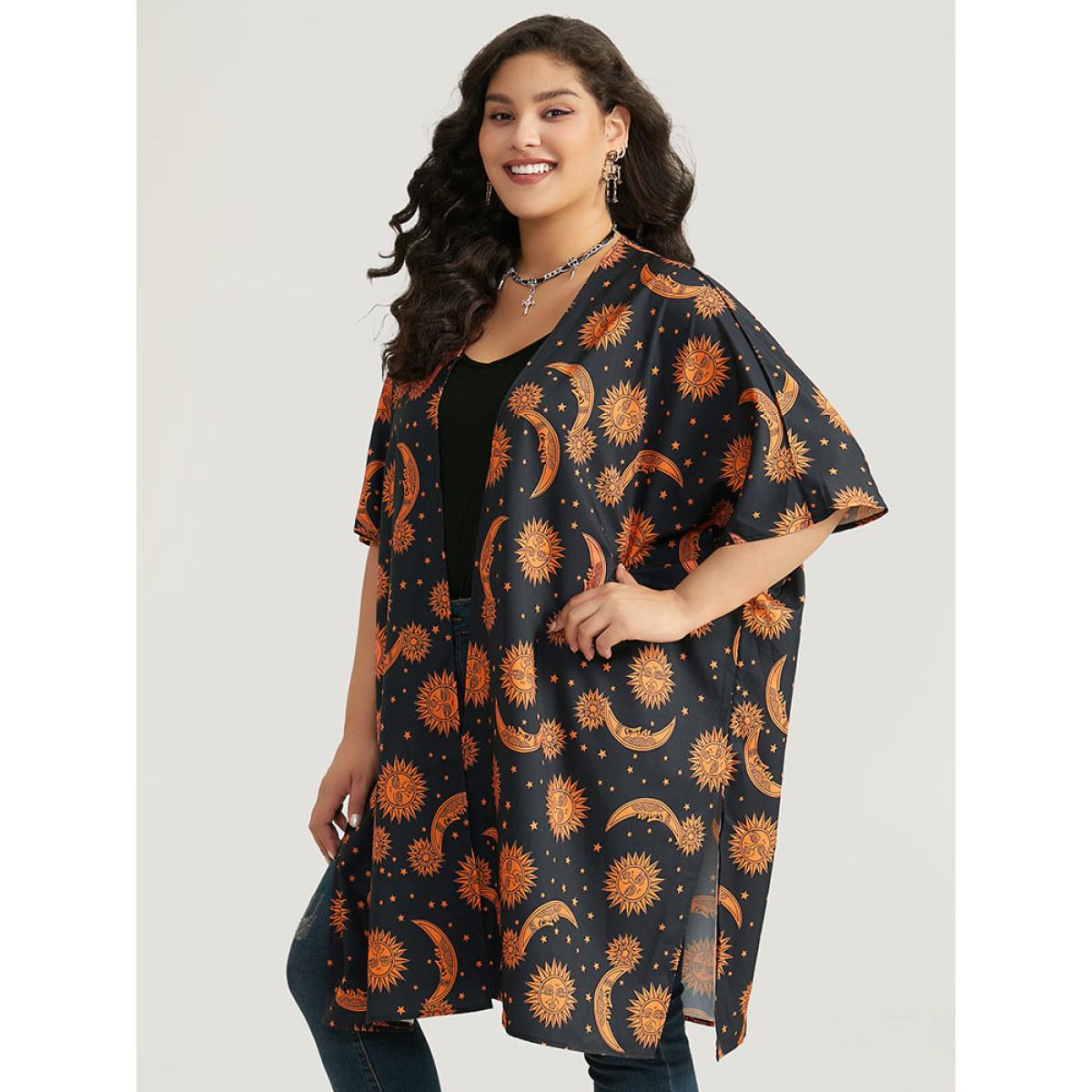 Plus Size Halloween Moon & Star Print Open Front Split Hem Kimono Women DarkBlue Casual Printed Dailywear Kimonos BloomChic 10/M Product Image
