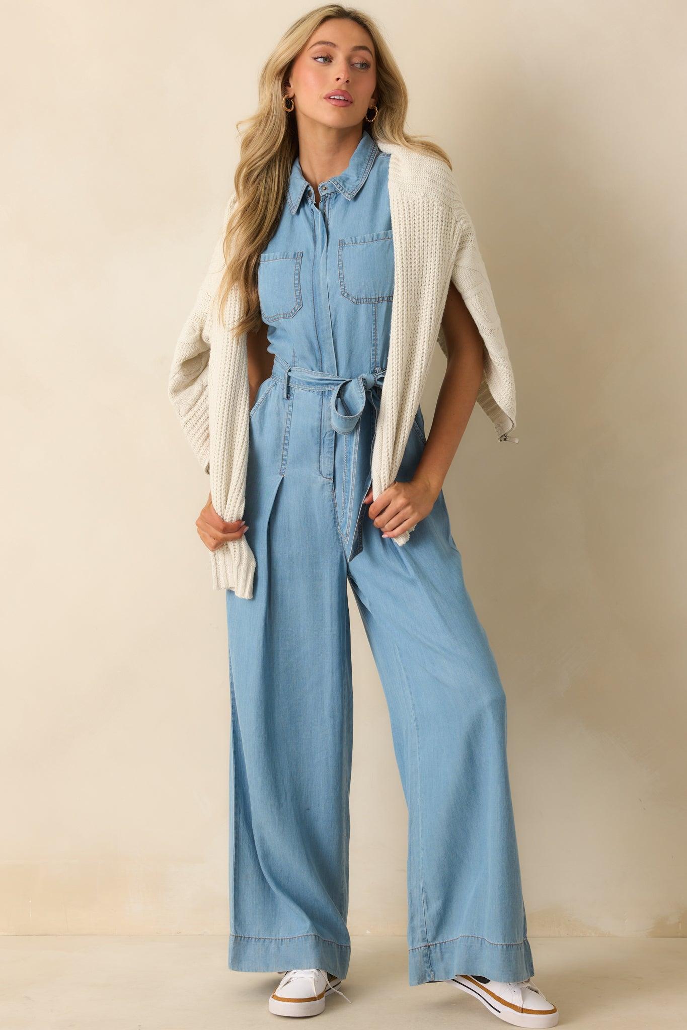 Best Foot Forward Blue Chambray Sleeveless Jumpsuit Product Image