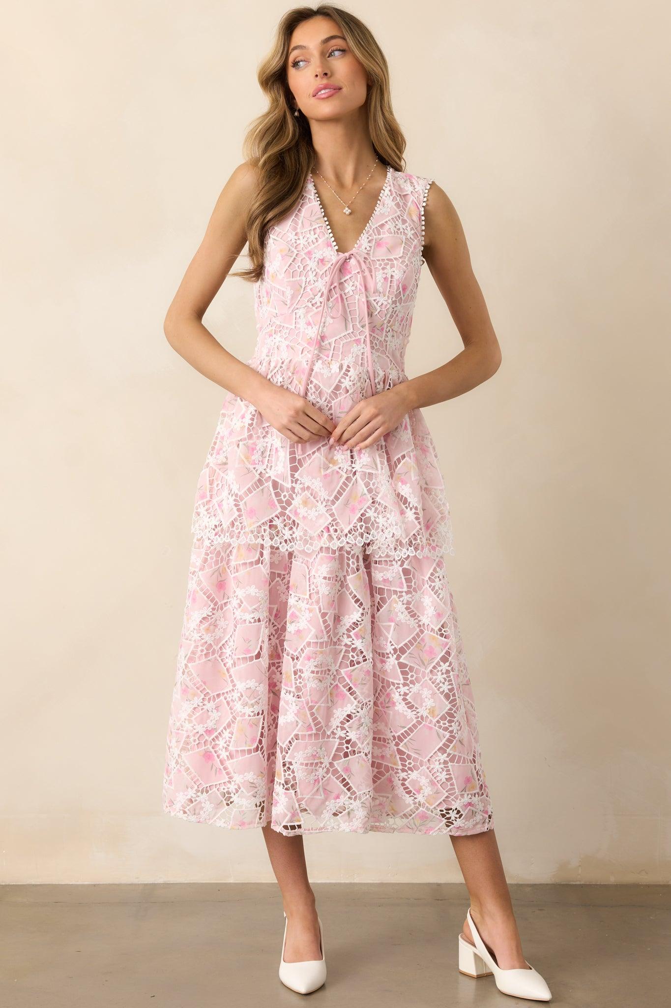 Something Nice Light Pink Floral Embroidered Midi Dress Product Image