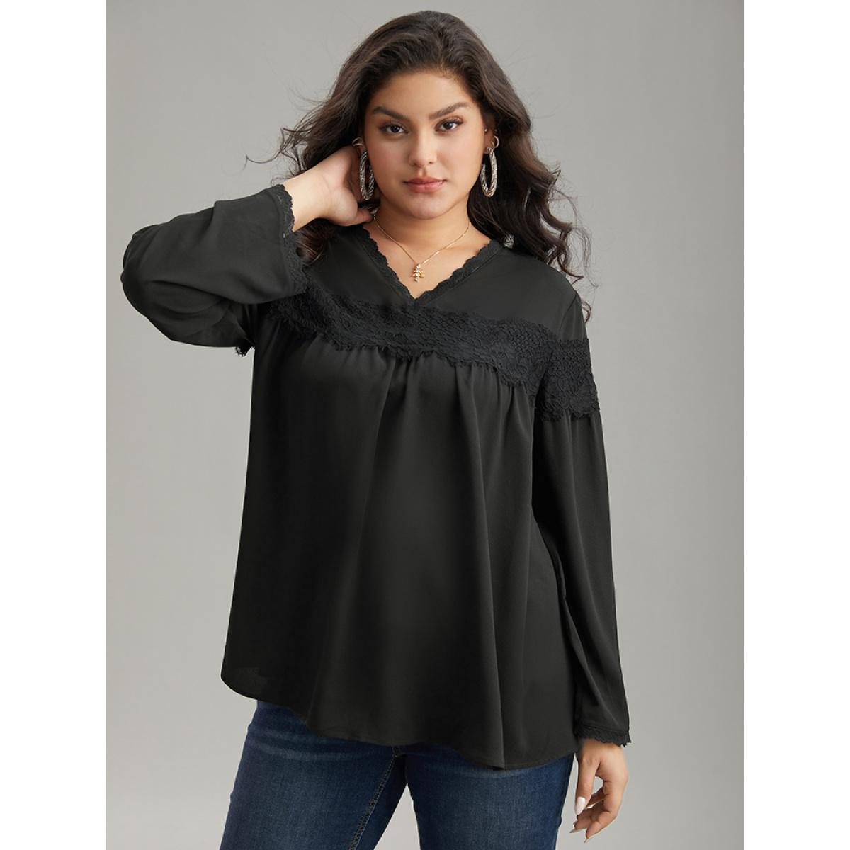 Plus Size Black V Neck Lace Panel Gathered Blouse Women Glamour Long Sleeve V-neck Going out Blouses BloomChic 28/5X Product Image