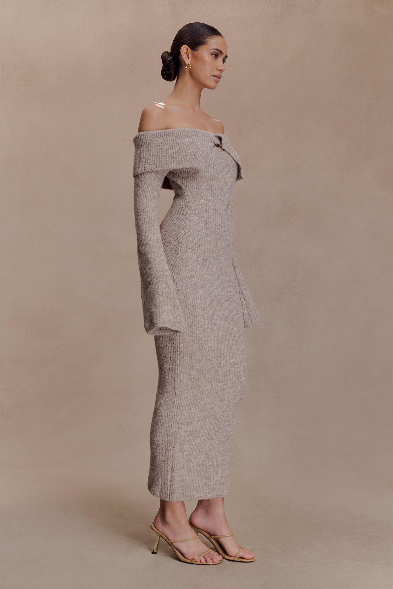 Baxter Off Shoulder Fluffy Knit Midi Dress - Taupe Marle Product Image