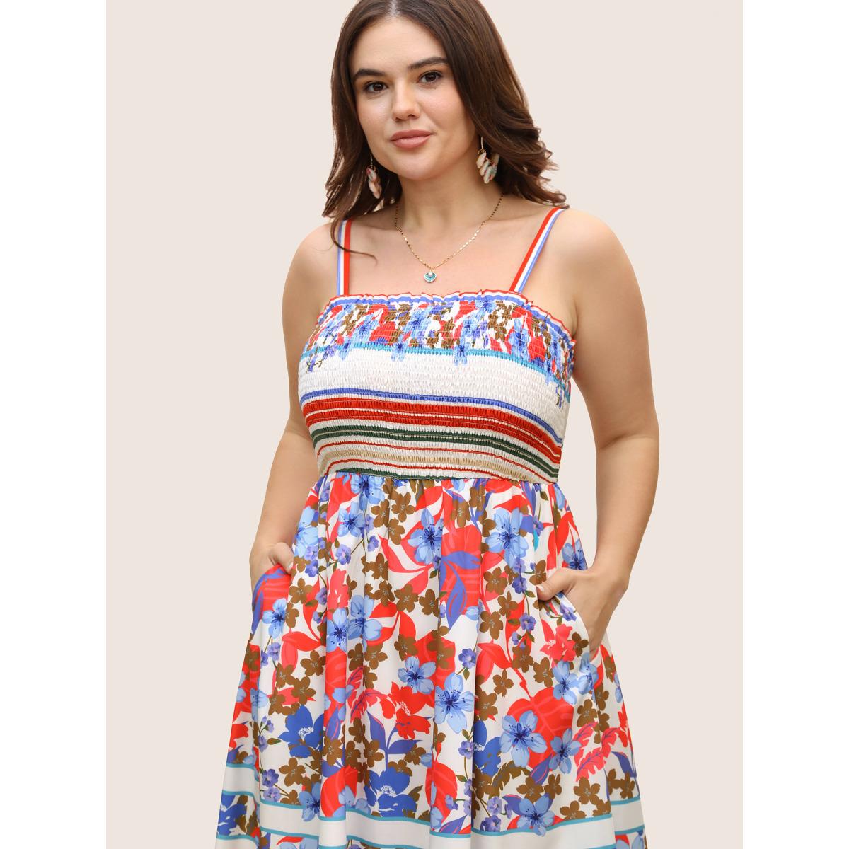 Plus Size Floral Print Shirred Cami Midi Dress Originalwhite Women Resort Square Neck Sleeveless Curvy BloomChic 28/5X Product Image