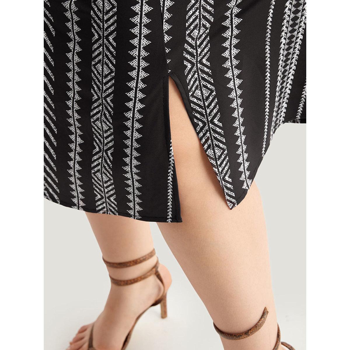 Plus Size Striped Boho Print Shirred Split Hem Dress Black Women Resort Elastic cuffs Notched collar Long Sleeve Curvy Midi Dress BloomChic 10/M Product Image