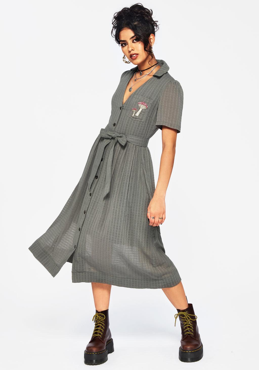 Koax Cotton Check Embroidered Button Up Midi Shirt Dress Product Image