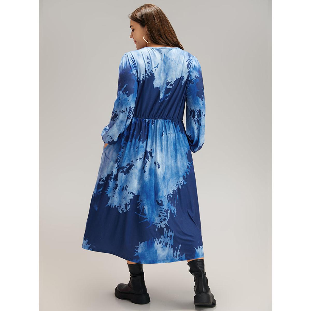Plus Size Tie Dye Ruched Pocket Lantern Sleeve Dress Indigo Women Casual Elastic cuffs V-neck Long Sleeve Curvy Midi Dress BloomChic 28/5X Product Image