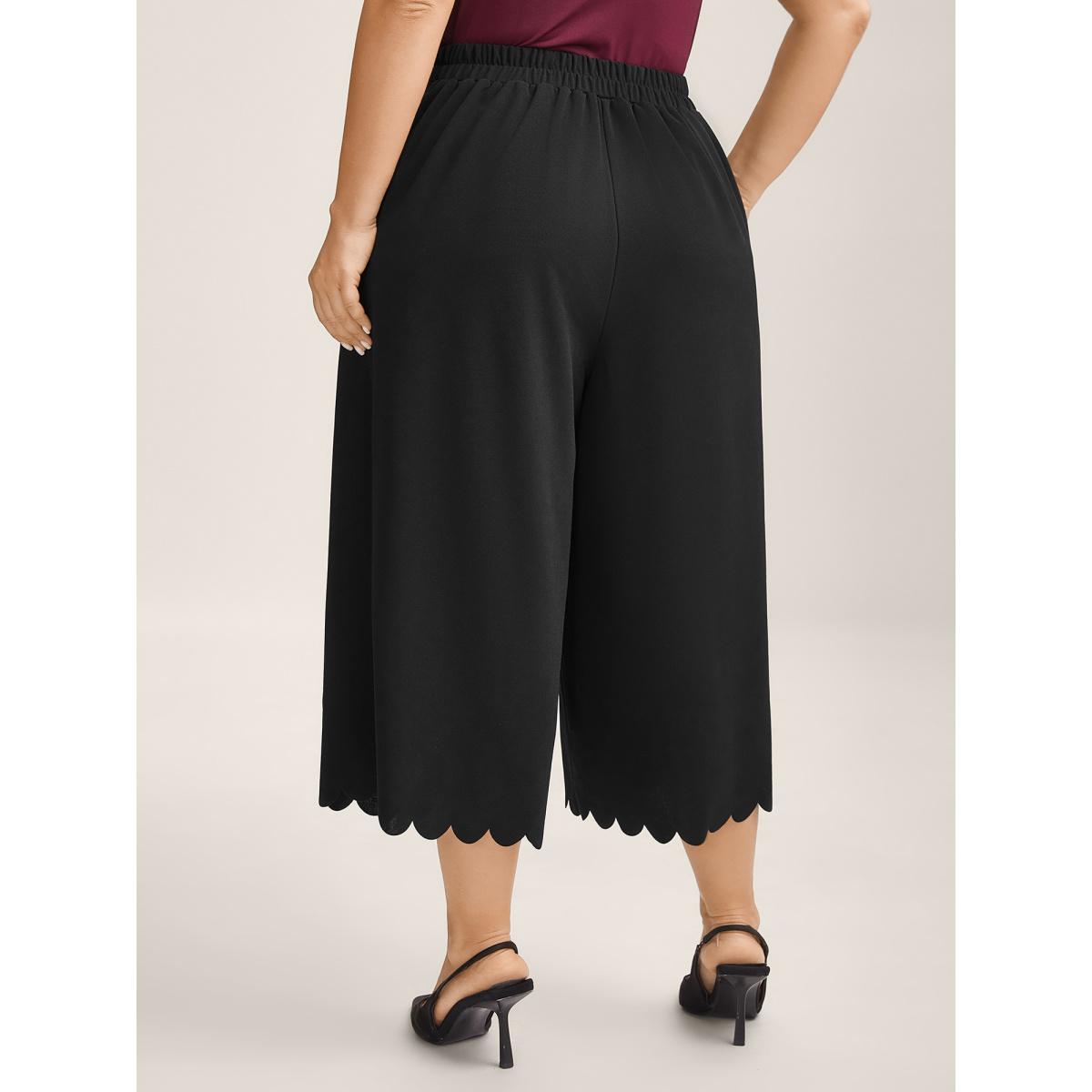Plus Size Scalloped Hem Wide-Leg Solid Pants Women Black Office Wide Leg Mid Rise Office Pants BloomChic 12/L Product Image