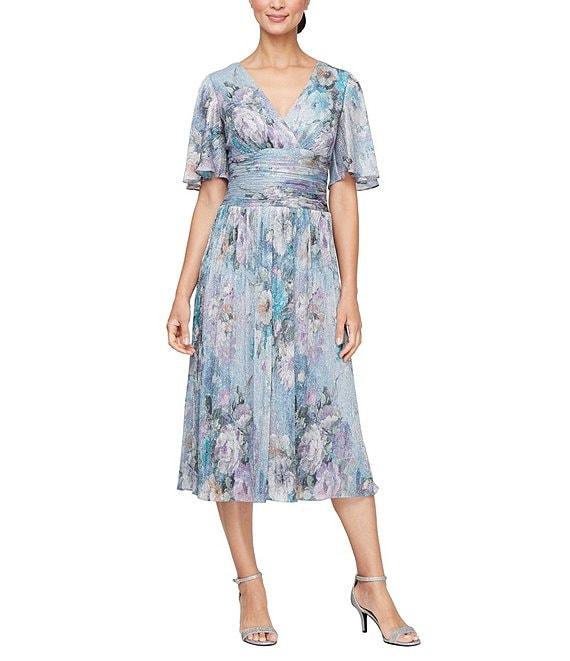 Ignite Evenings Surplice Neck Elbow Flutter Sleeve Ruched Waist Shimer Floral Print A Line Midi Dress Product Image