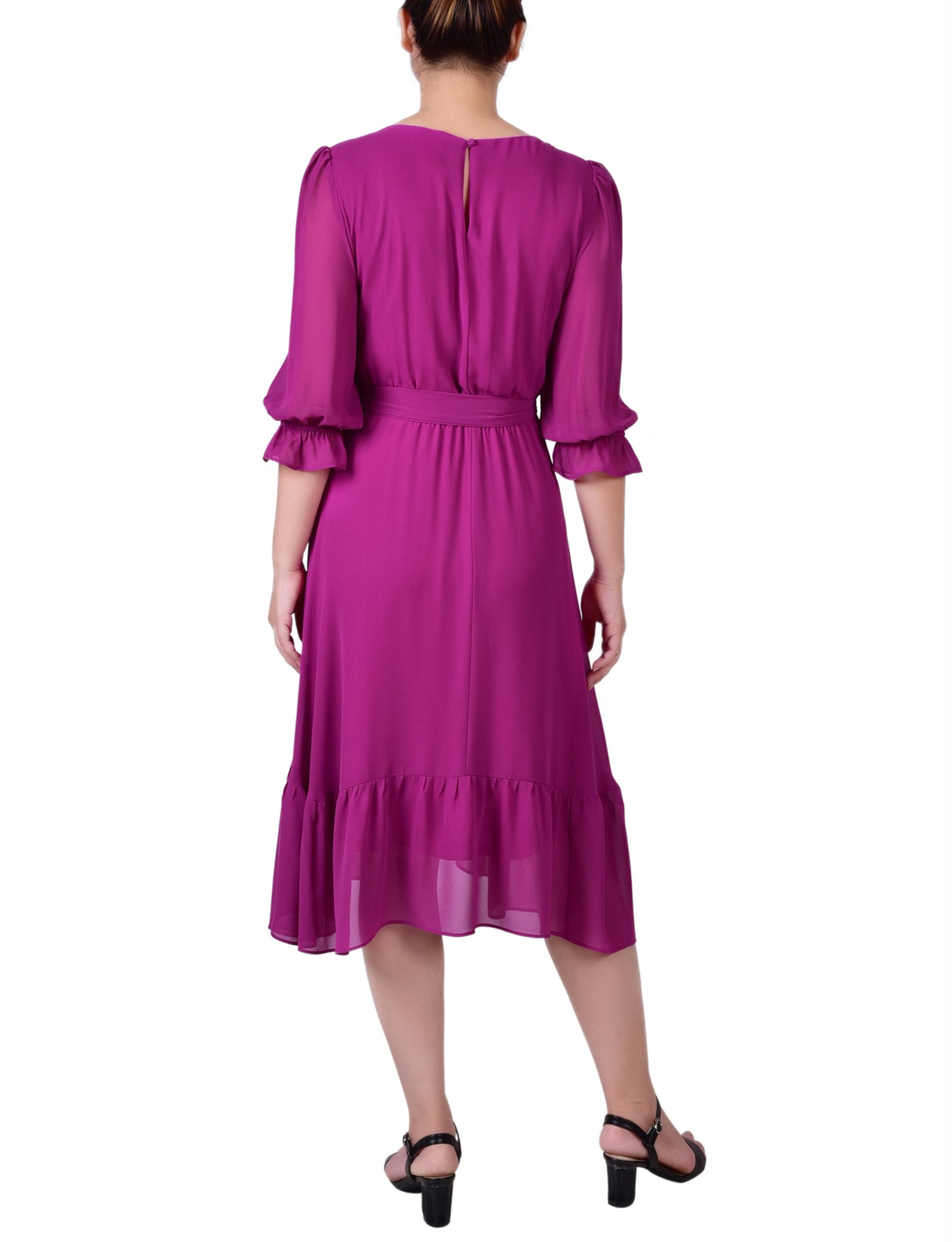 Magenta 3/4 Sleeve V-Neck Flounced Dress Product Image