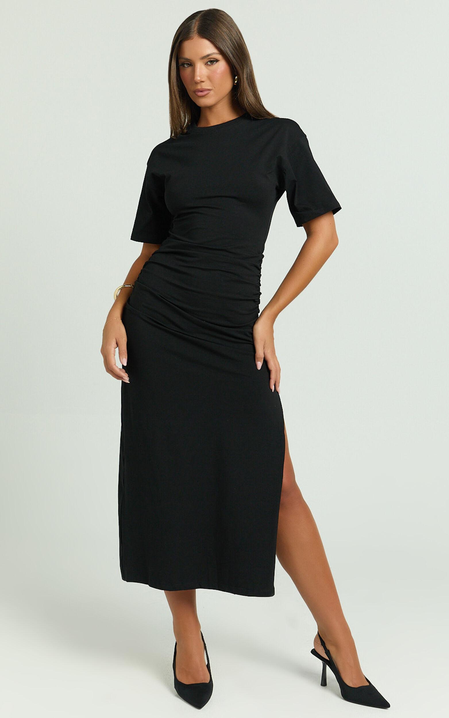 Lizzy Midi Dress - Jersey Ruched Side Split Dress in Black Product Image