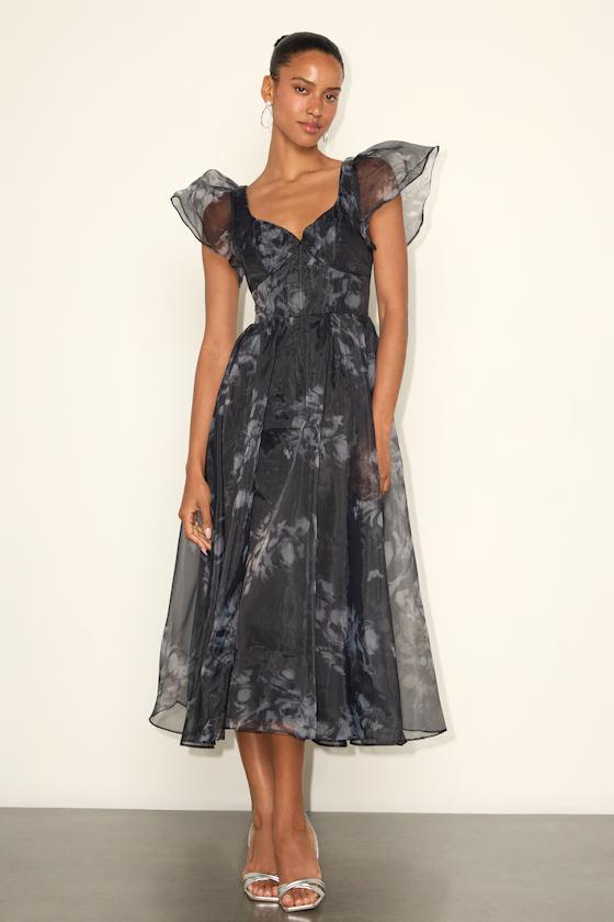 Mesmerizing Mood Black Floral Organza Ruffled A-Line Midi Dress Product Image