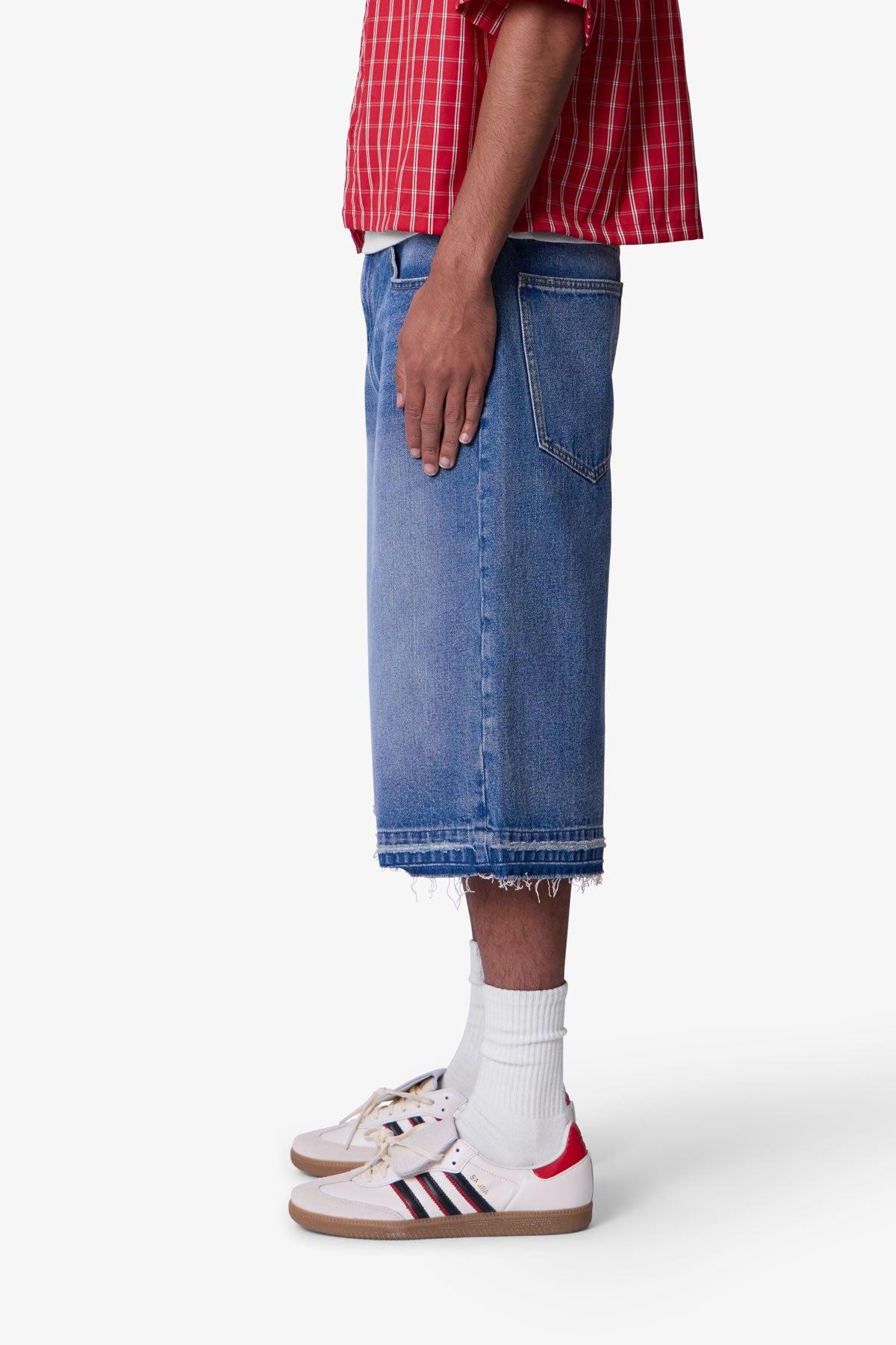 Ultra Baggy Raw Hem Denim Shorts - Washed Blue Product Image