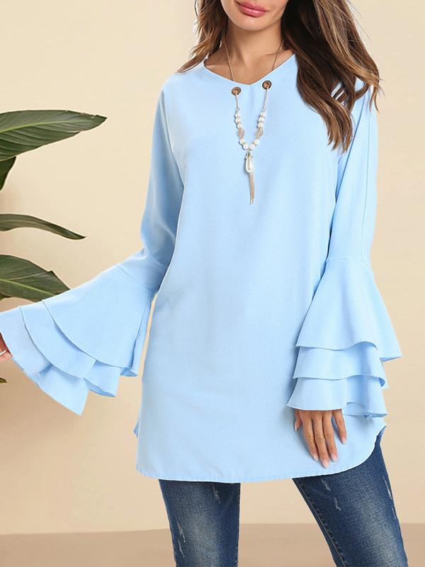 Flared Sleeves Loose Hollow Layered V-Neck Blouses&Shirts Tops Product Image