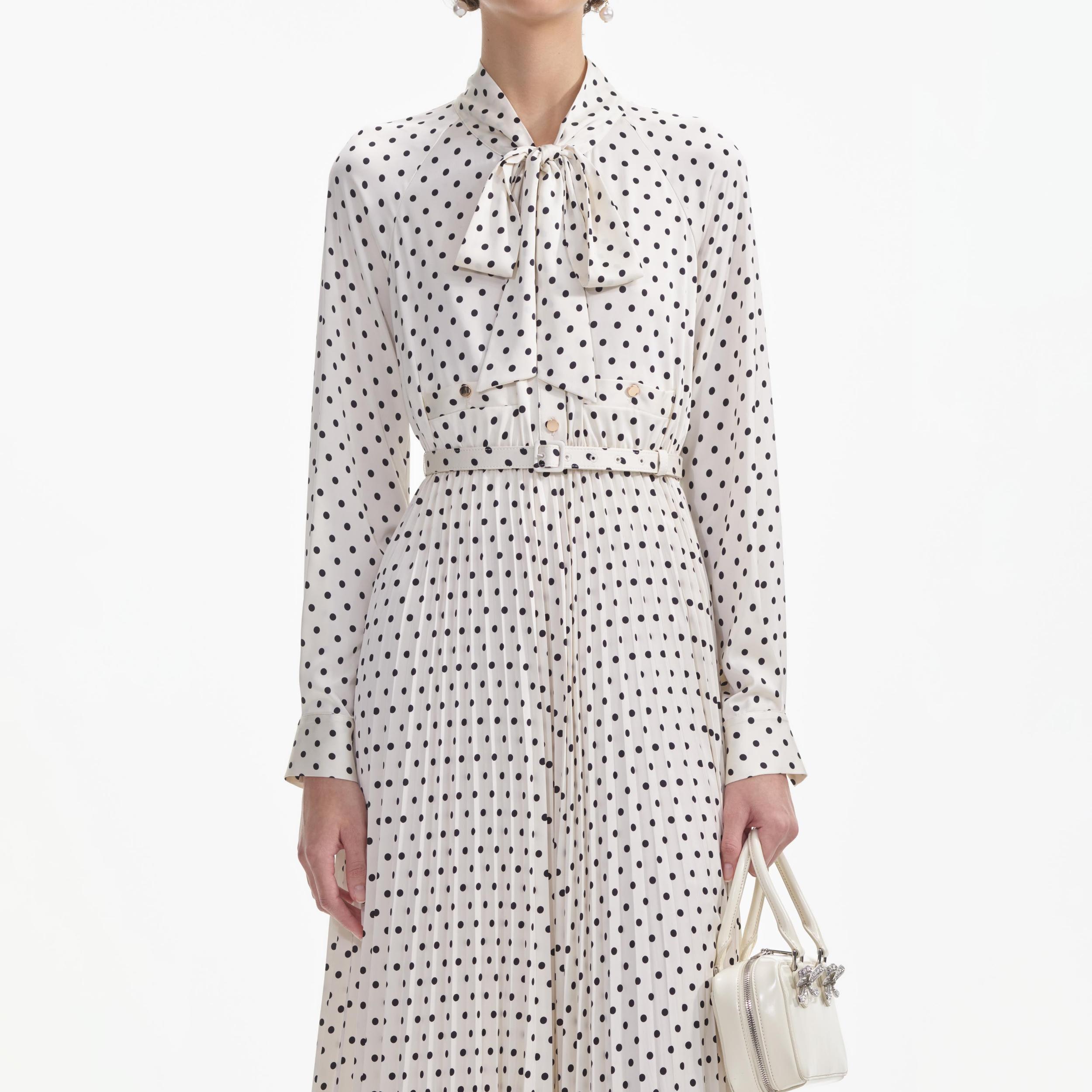 Cream Polka Dot Satin Midi Dress Product Image