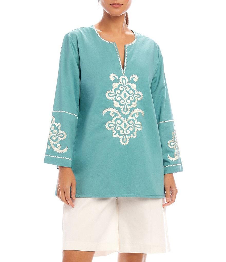 Karen Kane Embroidered Split V-Neck 3/4 Sleeve Tunic Product Image