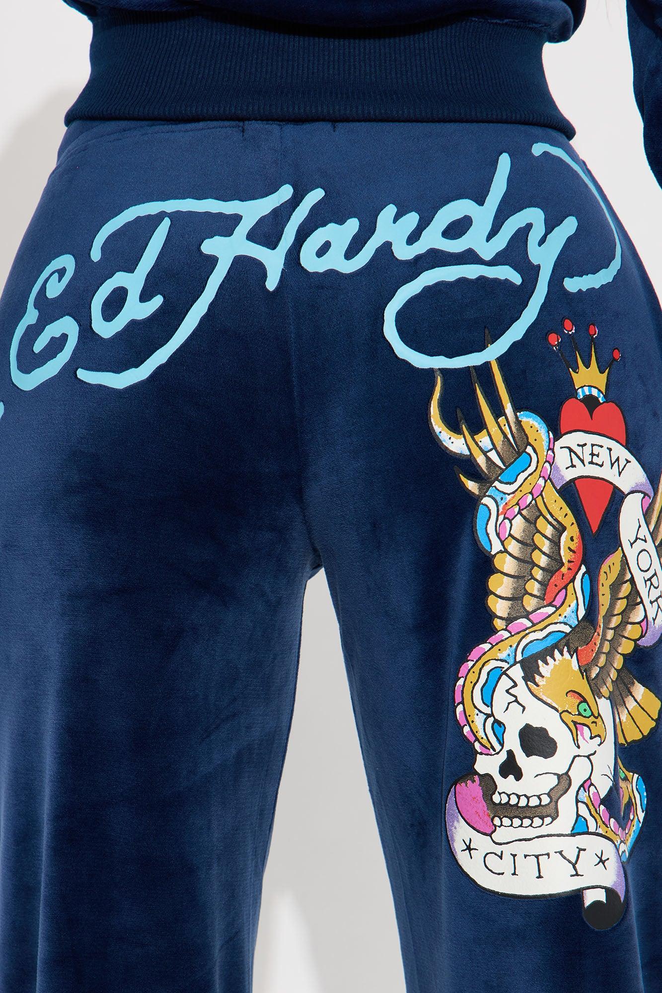 Ed Hardy NY Skull City Velour Pant Set - Navy Female Product Image