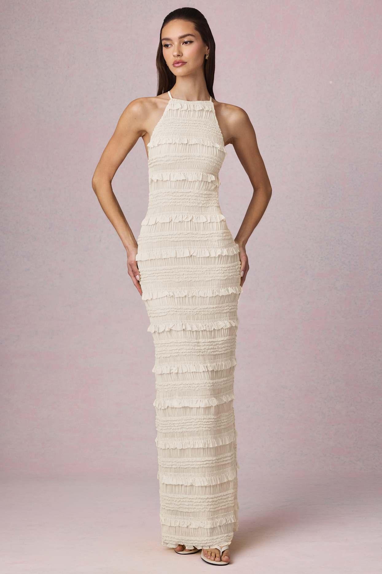 Ruffled Backless Halterneck Maxi Dress in Ivory Product Image