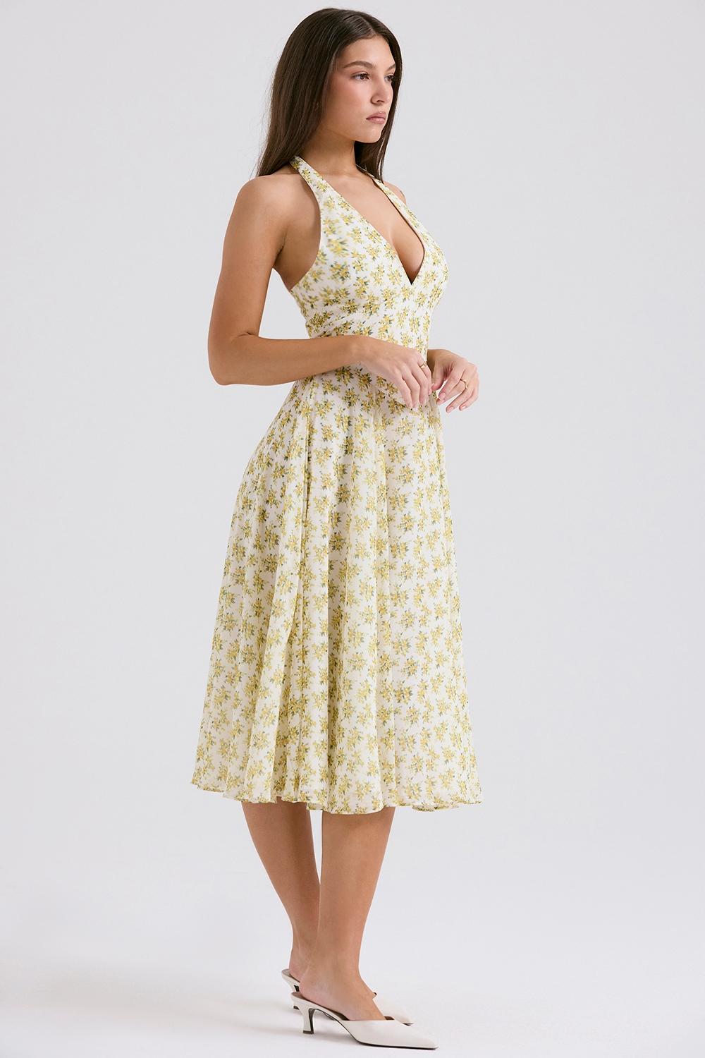 Solada  ivory vintage floral print georgette halter sundress Product Image