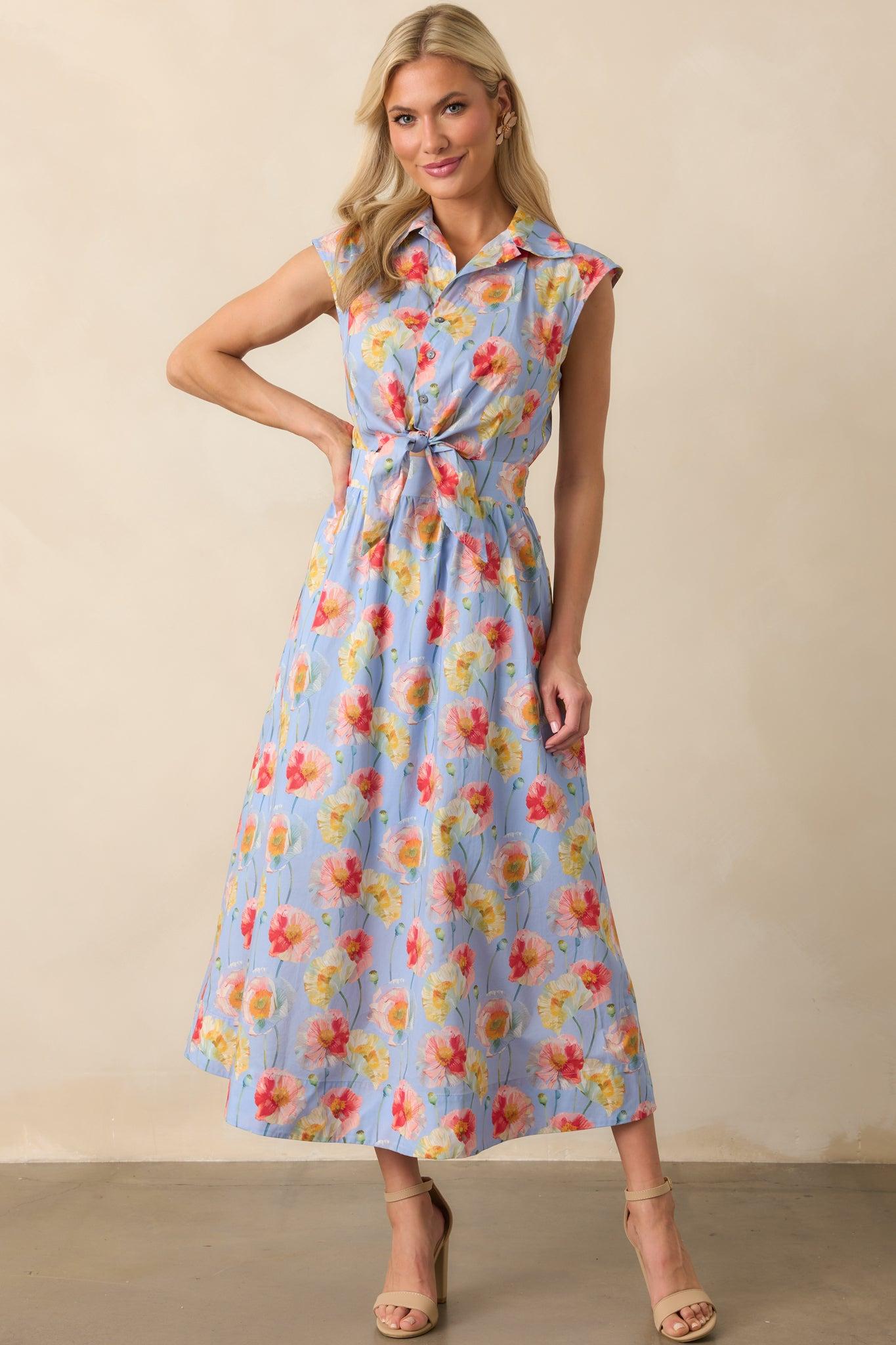 Only The Best Periwinkle Floral Print Cotton Tie Front Maxi Dress Product Image