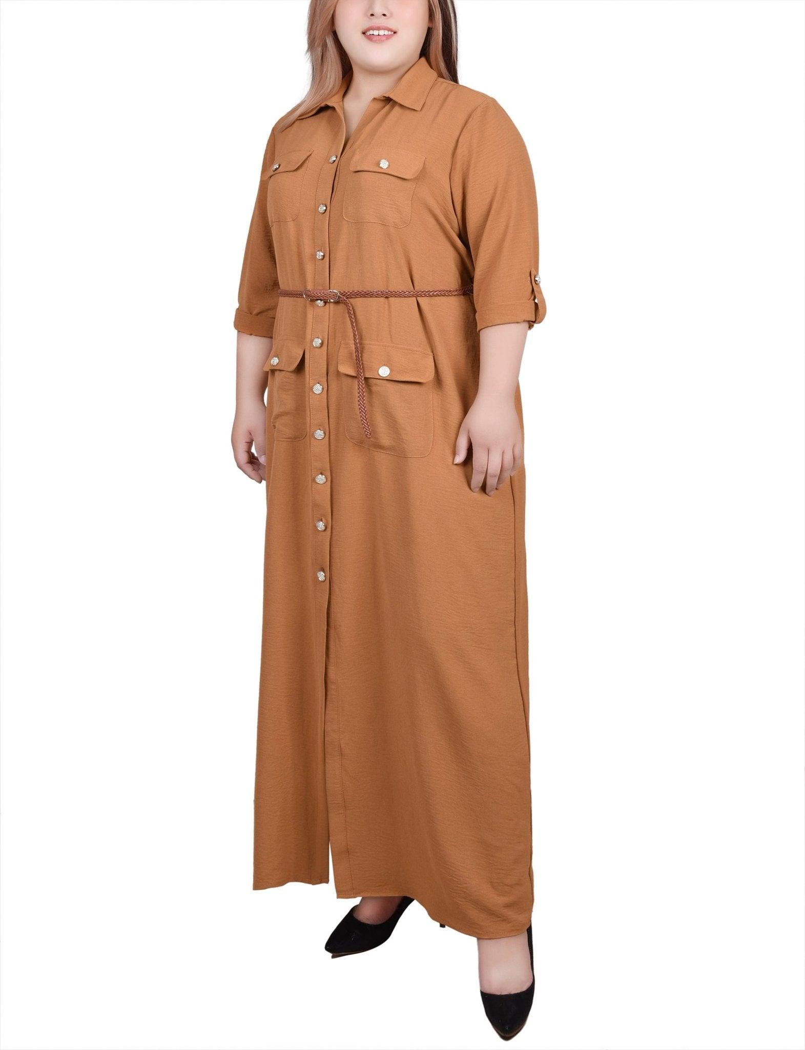 Bone Brown 3/4 Sleeve Safari Style Belted Shirtdress - Plus Product Image