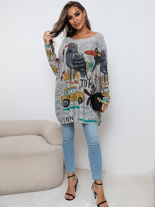 Casual Long Sleeves Loose Cartoon Printed Contrast Color Round-Neck Sweater Tops Product Image
